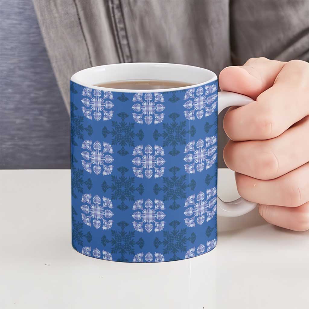 Royal Blue Hawaiian Quilt Ceramic Mug Hawaii Pineapple Monstera Palaka Motifs - Polynesian Pride