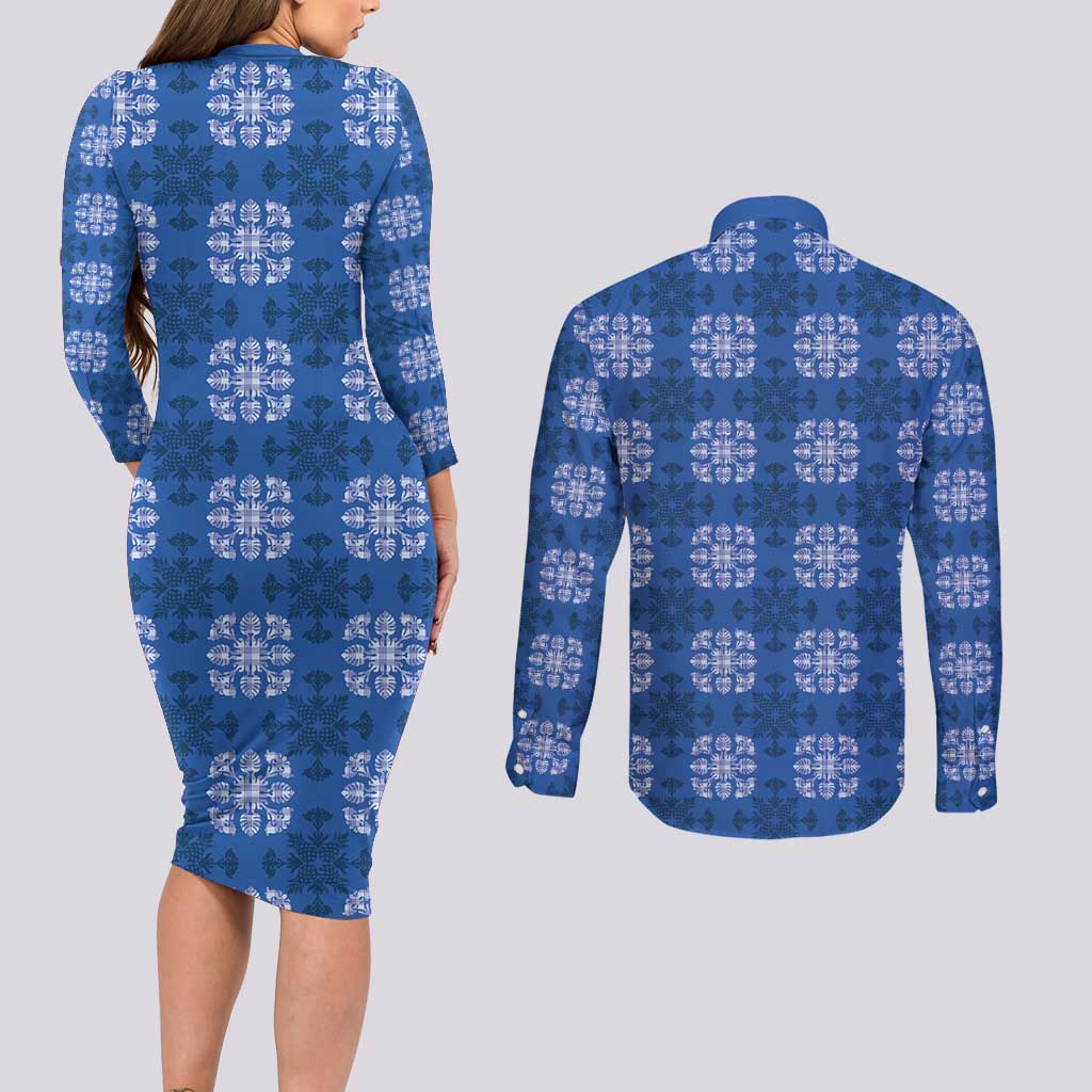 Royal Blue Hawaiian Quilt Couples Matching Long Sleeve Bodycon Dress and Long Sleeve Button Shirt Hawaii Pineapple Monstera Palaka Motifs - Polynesian Pride