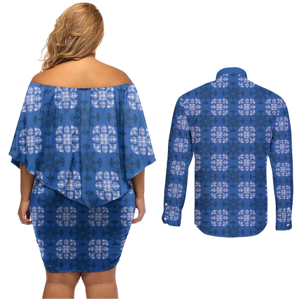 Royal Blue Hawaiian Quilt Couples Matching Off Shoulder Short Dress and Long Sleeve Button Shirt Hawaii Pineapple Monstera Palaka Motifs - Polynesian Pride