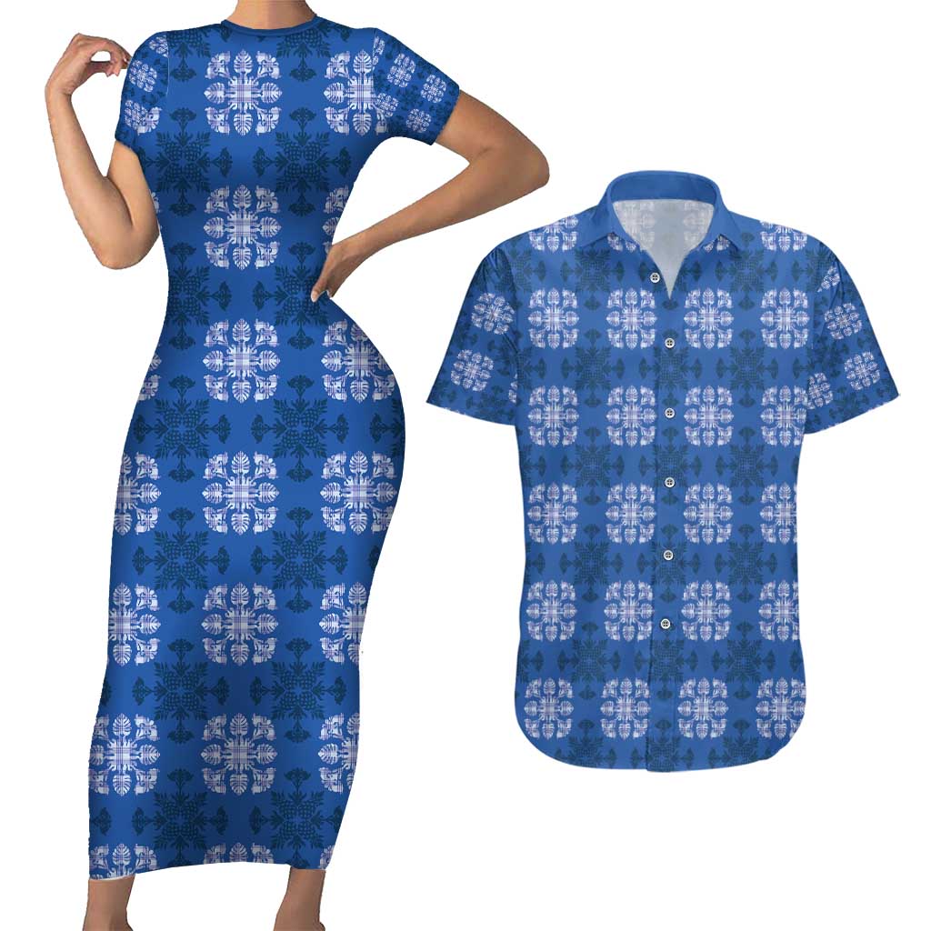 Royal Blue Hawaiian Quilt Couples Matching Short Sleeve Bodycon Dress and Hawaiian Shirt Hawaii Pineapple Monstera Palaka Motifs - Polynesian Pride