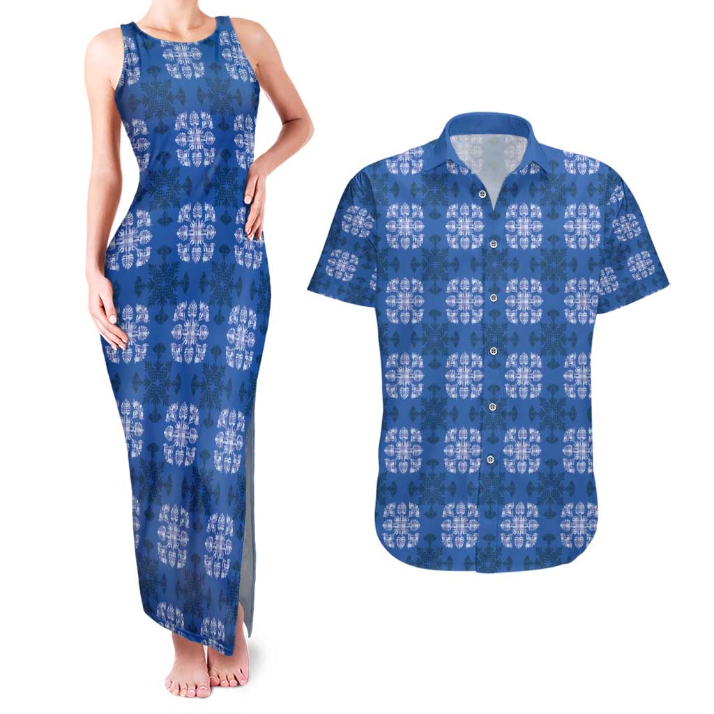 Royal Blue Hawaiian Quilt Couples Matching Tank Maxi Dress and Hawaiian Shirt Hawaii Pineapple Monstera Palaka Motifs - Polynesian Pride