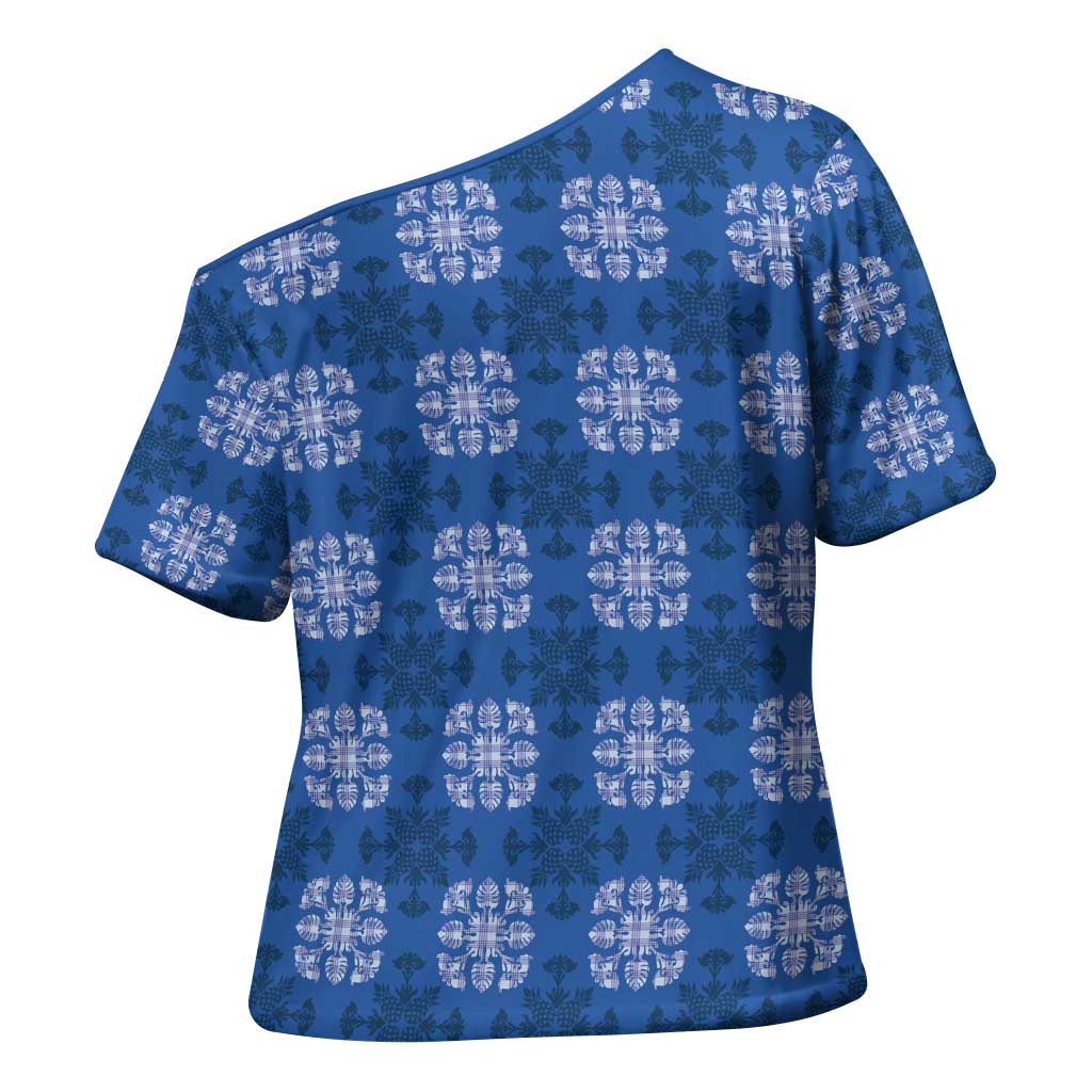 Royal Blue Hawaiian Quilt Cross Shoulder Shirt Hawaii Pineapple Monstera Palaka Motifs - Polynesian Pride