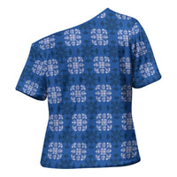 Royal Blue Hawaiian Quilt Cross Shoulder Shirt Hawaii Pineapple Monstera Palaka Motifs - Polynesian Pride