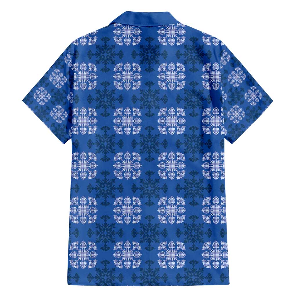 Royal Blue Hawaiian Quilt Family Matching Long Sleeve Bodycon Dress and Hawaiian Shirt Hawaii Pineapple Monstera Palaka Motifs - Polynesian Pride