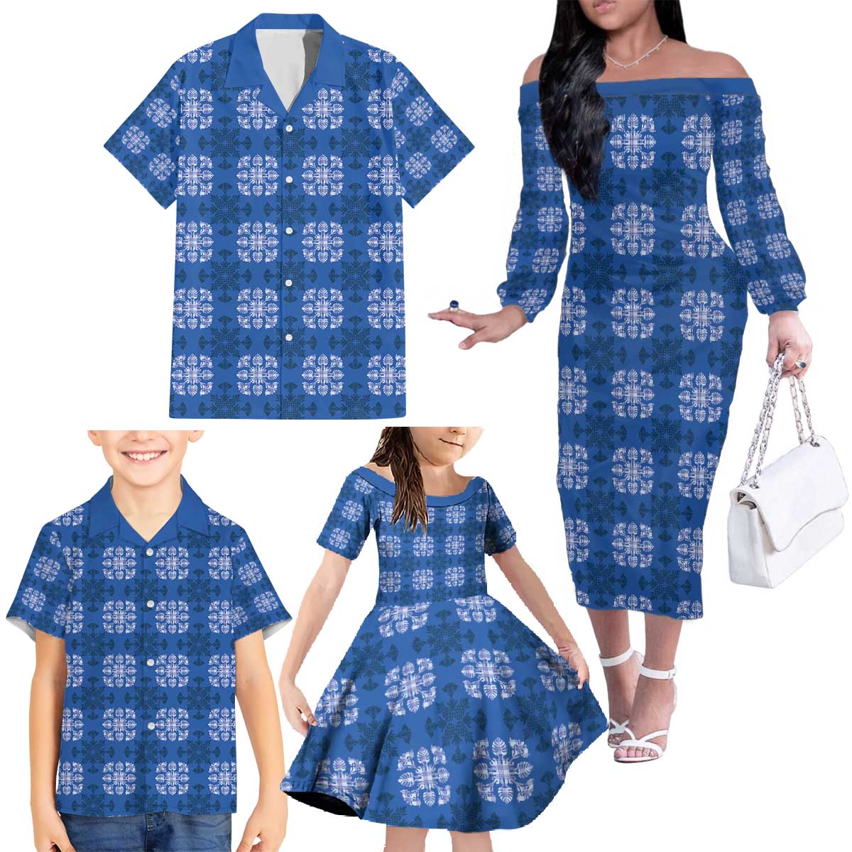 Royal Blue Hawaiian Quilt Family Matching Off The Shoulder Long Sleeve Dress and Hawaiian Shirt Hawaii Pineapple Monstera Palaka Motifs - Polynesian Pride
