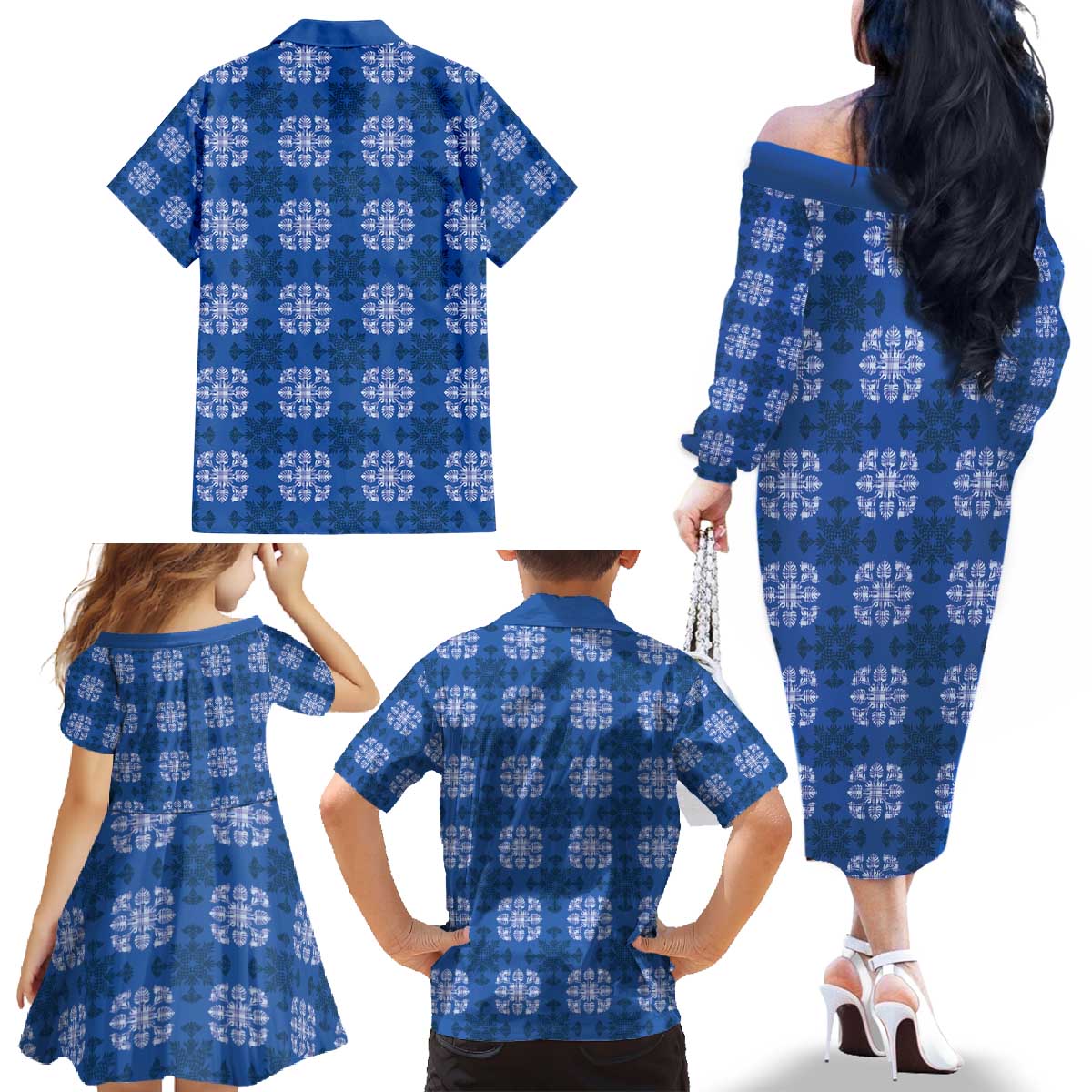 Royal Blue Hawaiian Quilt Family Matching Off The Shoulder Long Sleeve Dress and Hawaiian Shirt Hawaii Pineapple Monstera Palaka Motifs - Polynesian Pride