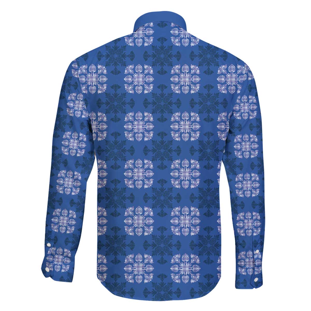 Royal Blue Hawaiian Quilt Family Matching Off The Shoulder Long Sleeve Dress and Hawaiian Shirt Hawaii Pineapple Monstera Palaka Motifs - Polynesian Pride