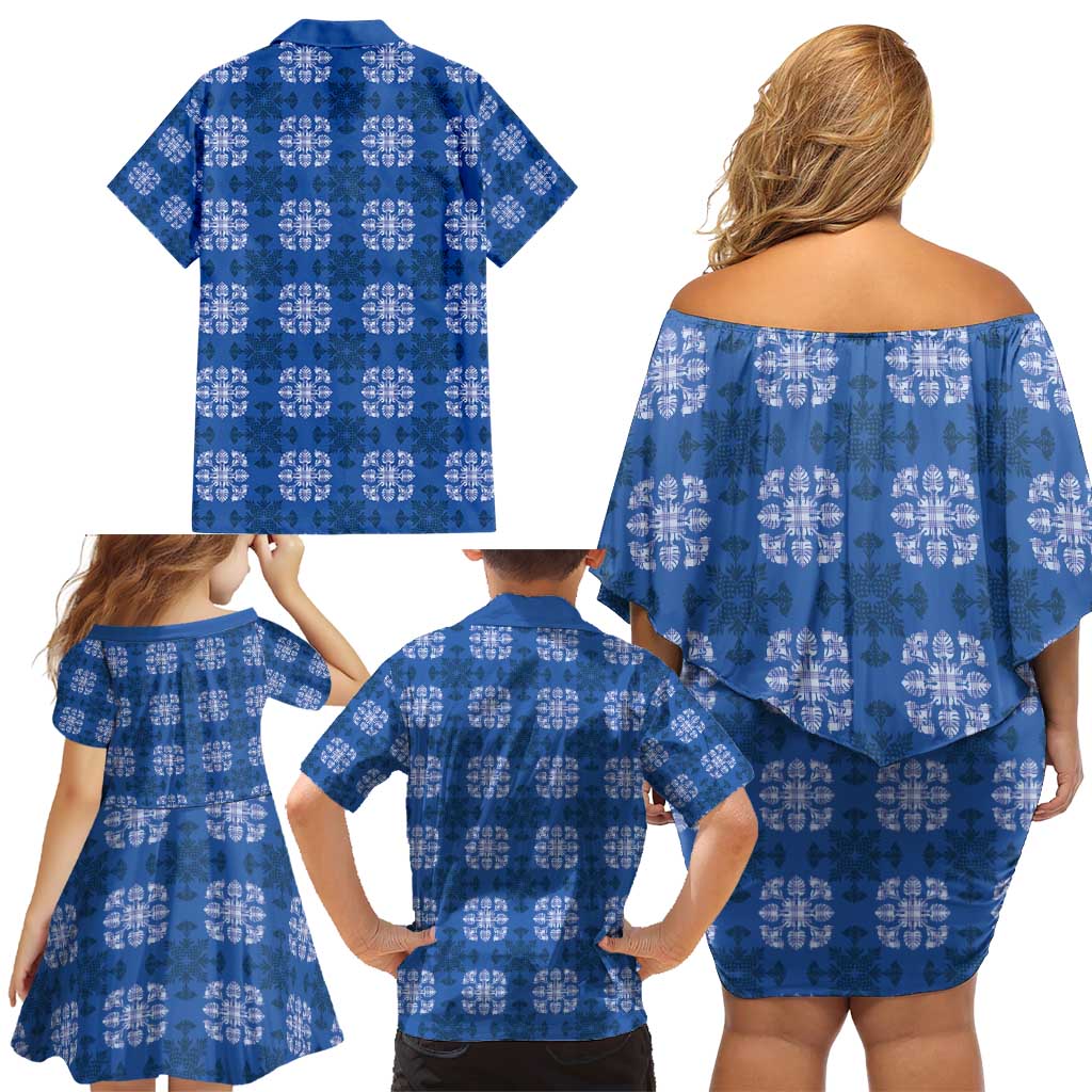 Royal Blue Hawaiian Quilt Family Matching Off Shoulder Short Dress and Hawaiian Shirt Hawaii Pineapple Monstera Palaka Motifs - Polynesian Pride