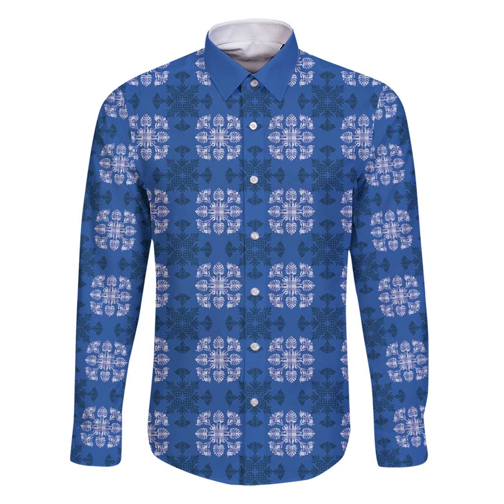 Royal Blue Hawaiian Quilt Family Matching Off Shoulder Short Dress and Hawaiian Shirt Hawaii Pineapple Monstera Palaka Motifs - Polynesian Pride