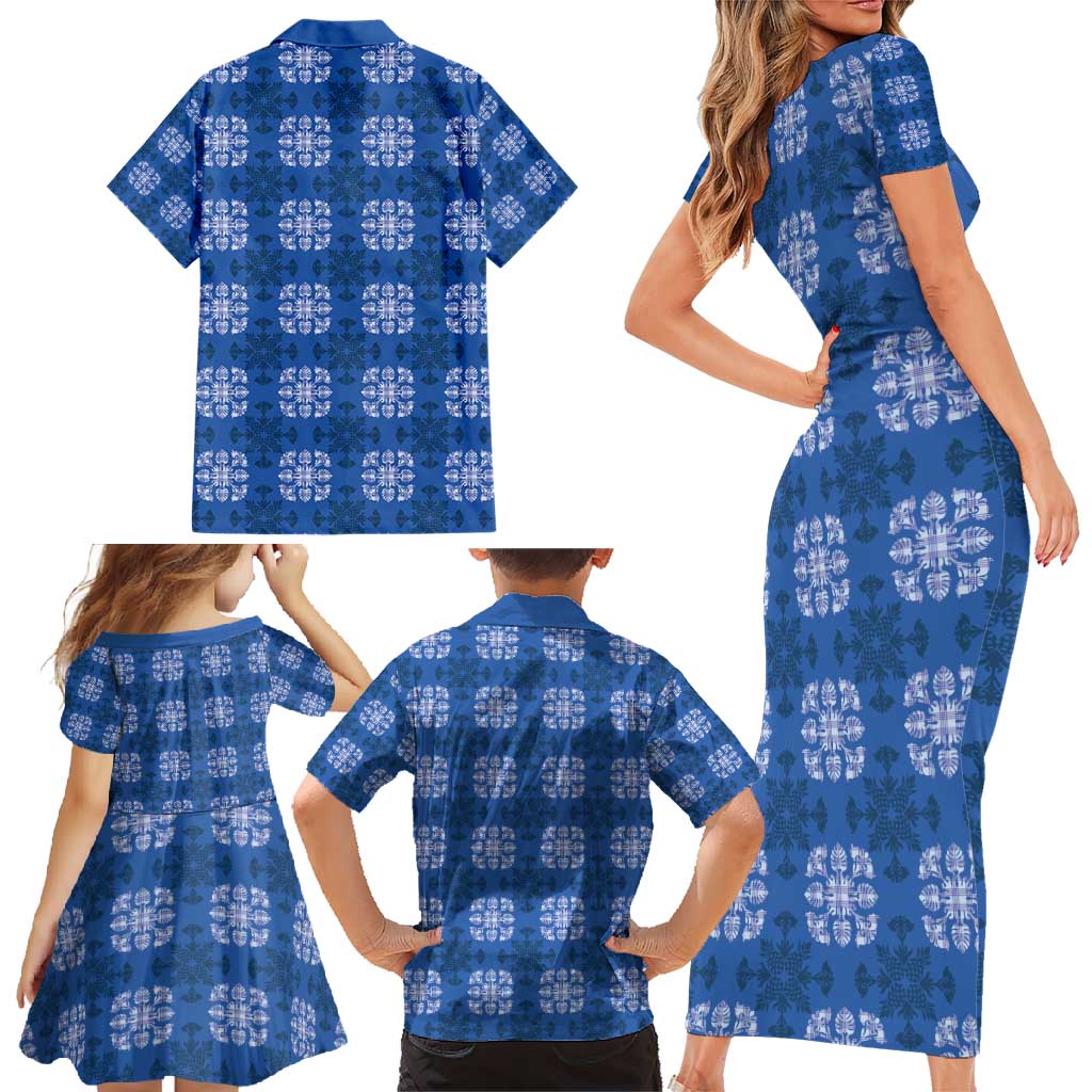 Royal Blue Hawaiian Quilt Family Matching Short Sleeve Bodycon Dress and Hawaiian Shirt Hawaii Pineapple Monstera Palaka Motifs - Polynesian Pride