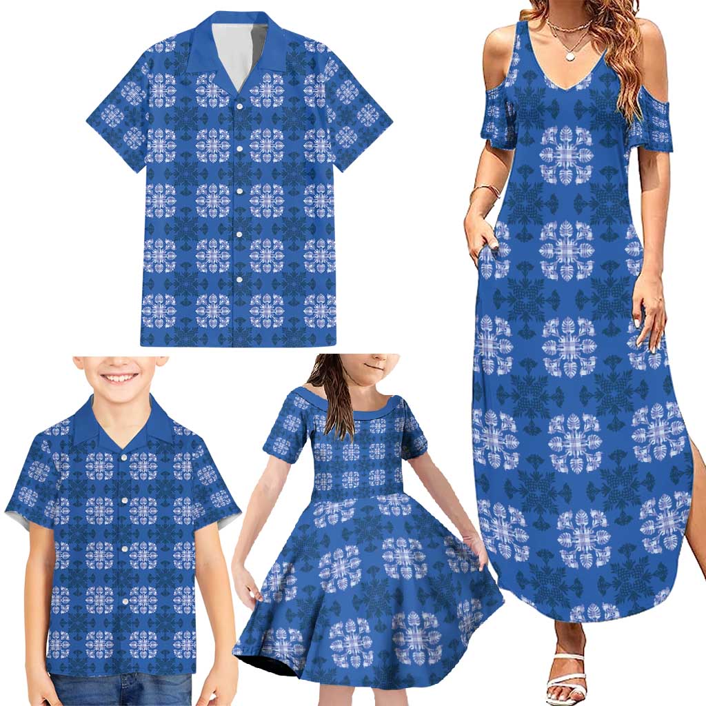 Royal Blue Hawaiian Quilt Family Matching Summer Maxi Dress and Hawaiian Shirt Hawaii Pineapple Monstera Palaka Motifs - Polynesian Pride
