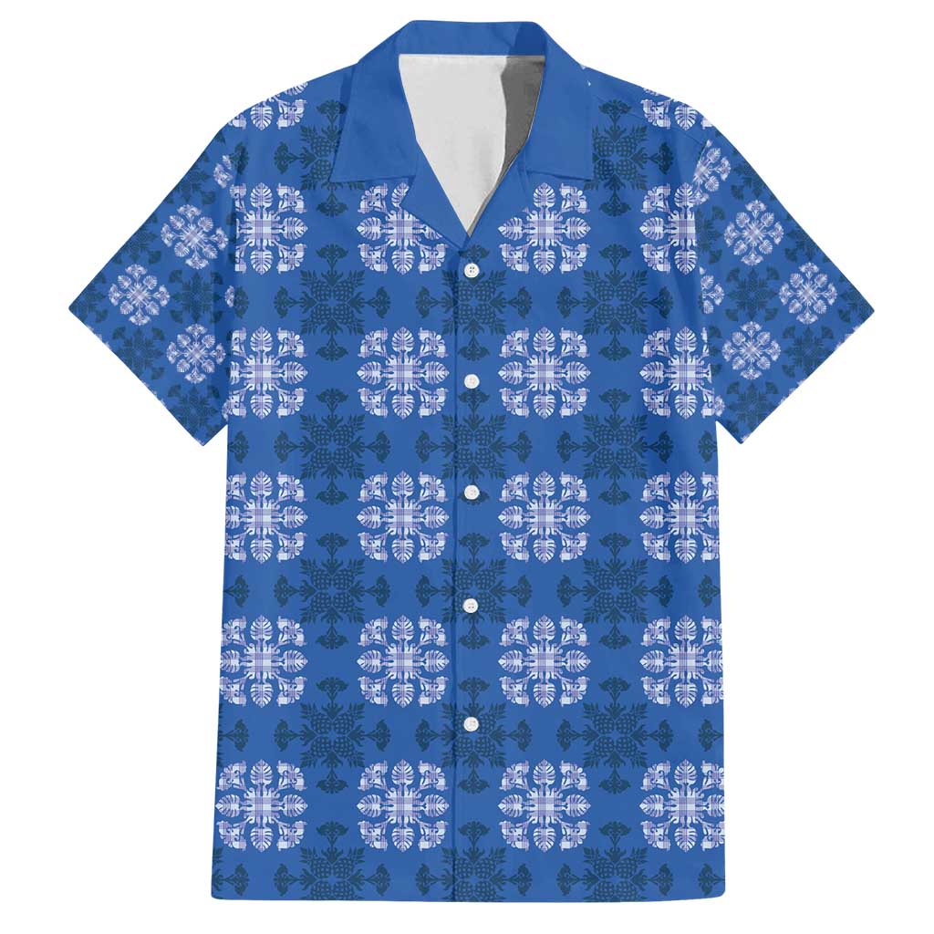 Royal Blue Hawaiian Quilt Family Matching Tank Maxi Dress and Hawaiian Shirt Hawaii Pineapple Monstera Palaka Motifs - Polynesian Pride