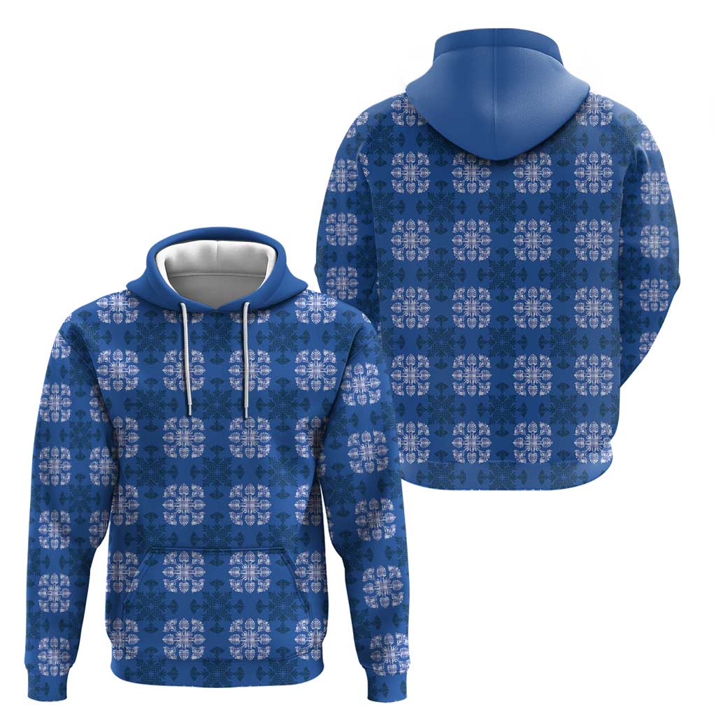 Royal Blue Hawaiian Quilt Hoodie Hawaii Pineapple Monstera Palaka Motifs - Polynesian Pride