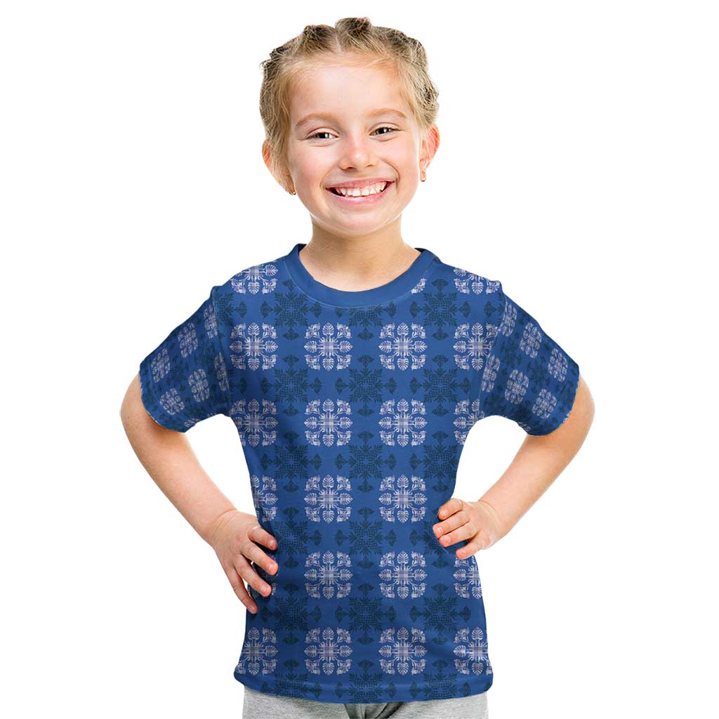 Royal Blue Hawaiian Quilt Kid T Shirt Hawaii Pineapple Monstera Palaka Motifs - Polynesian Pride