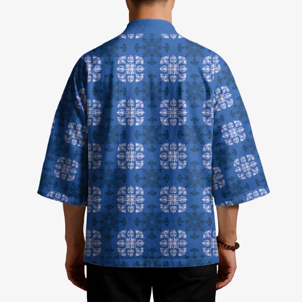 Royal Blue Hawaiian Quilt Kimono Hawaii Pineapple Monstera Palaka Motifs - Polynesian Pride