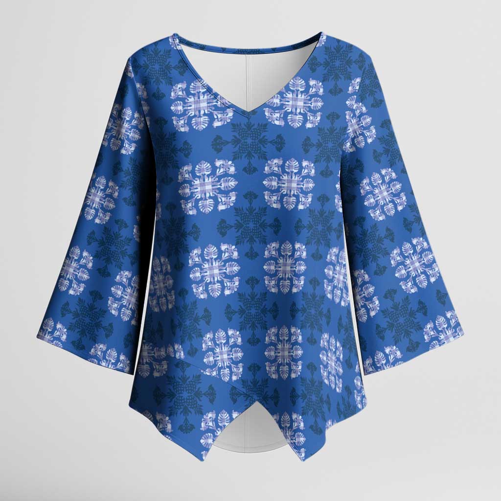 Royal Blue Hawaiian Quilt Kimono Sleeve Blouse Hawaii Pineapple Monstera Palaka Motifs - Polynesian Pride
