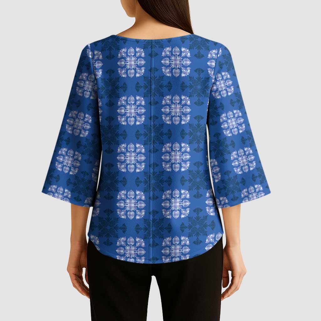 Royal Blue Hawaiian Quilt Kimono Sleeve Blouse Hawaii Pineapple Monstera Palaka Motifs - Polynesian Pride