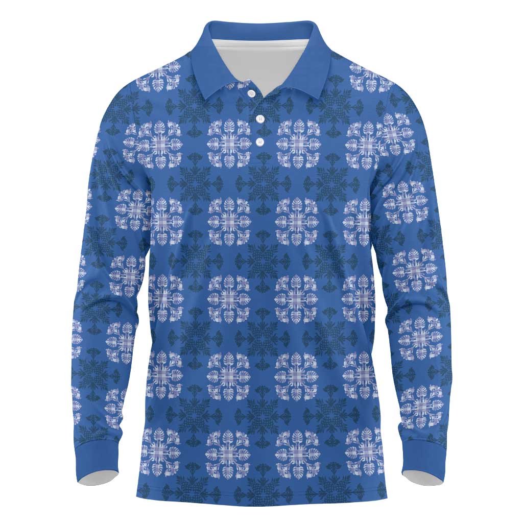 Royal Blue Hawaiian Quilt Long Sleeve Polo Shirt Hawaii Pineapple Monstera Palaka Motifs - Polynesian Pride