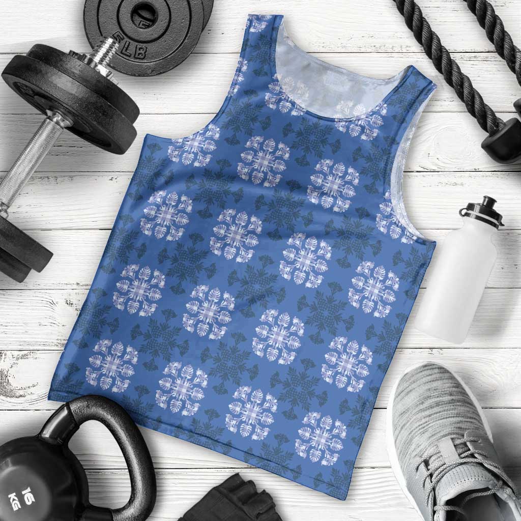 Royal Blue Hawaiian Quilt Men Tank Top Hawaii Pineapple Monstera Palaka Motifs - Polynesian Pride