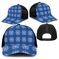 Royal Blue Hawaiian Quilt Mesh Trucker Cap Hawaii Pineapple Monstera Palaka Motifs - Polynesian Pride