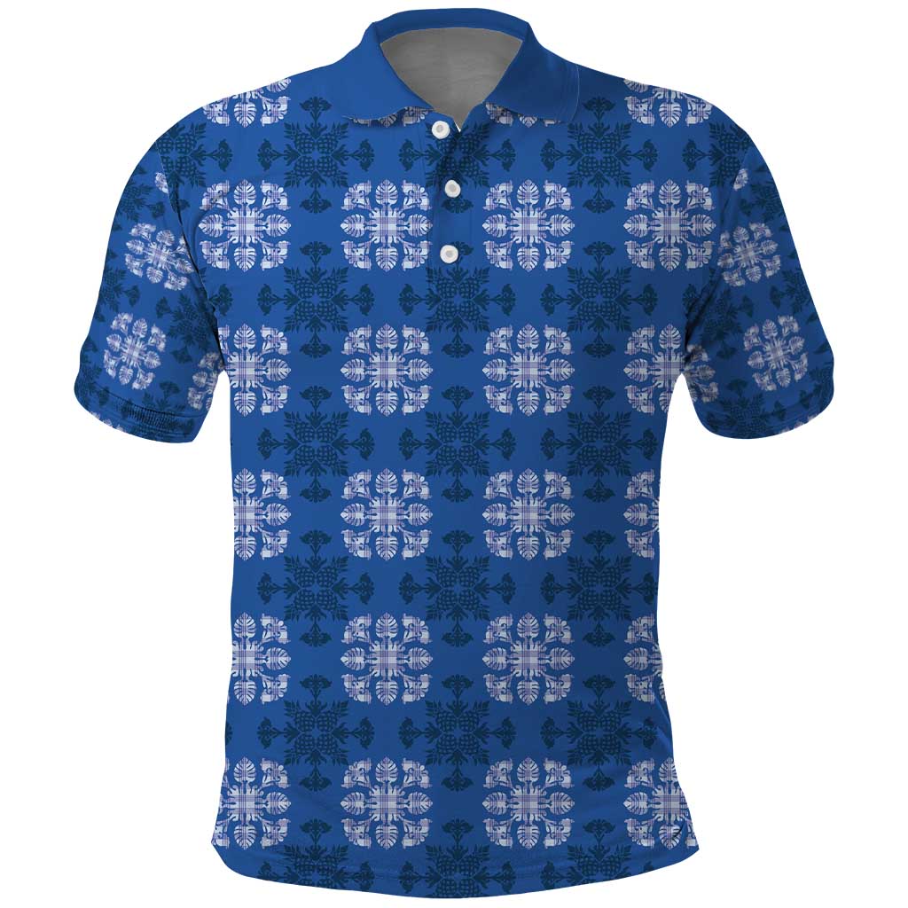 Royal Blue Hawaiian Quilt Polo Shirt Hawaii Pineapple Monstera Palaka Motifs - Polynesian Pride