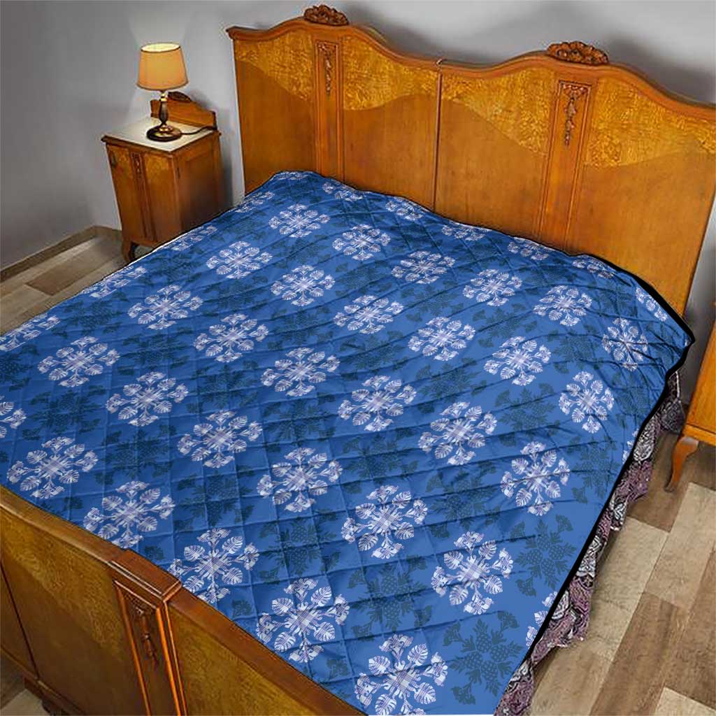 Royal Blue Hawaiian Quilt Quilt Hawaii Pineapple Monstera Palaka Motifs - Polynesian Pride