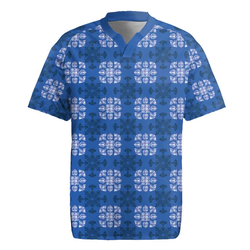 Royal Blue Hawaiian Quilt Rugby Jersey Hawaii Pineapple Monstera Palaka Motifs - Polynesian Pride