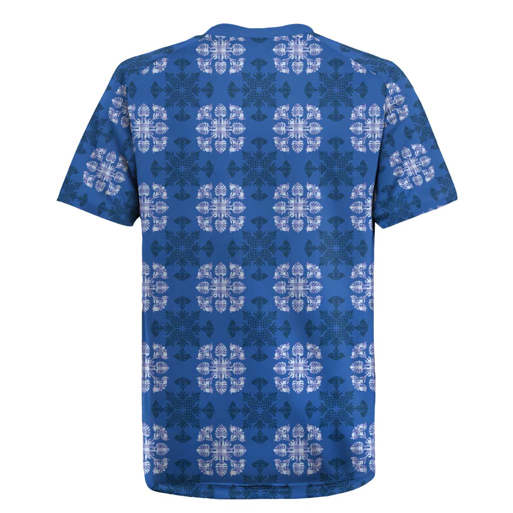 Royal Blue Hawaiian Quilt Rugby Jersey Hawaii Pineapple Monstera Palaka Motifs - Polynesian Pride