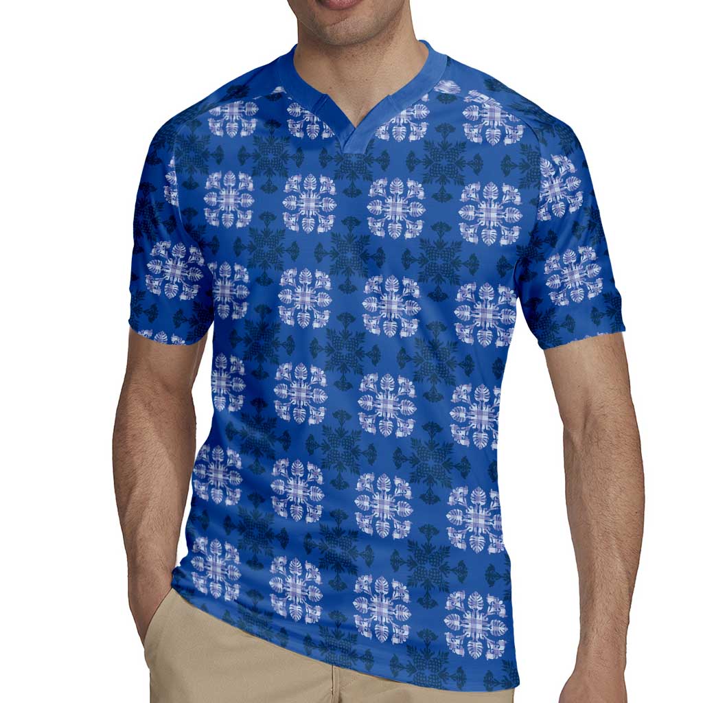 Royal Blue Hawaiian Quilt Rugby Jersey Hawaii Pineapple Monstera Palaka Motifs - Polynesian Pride