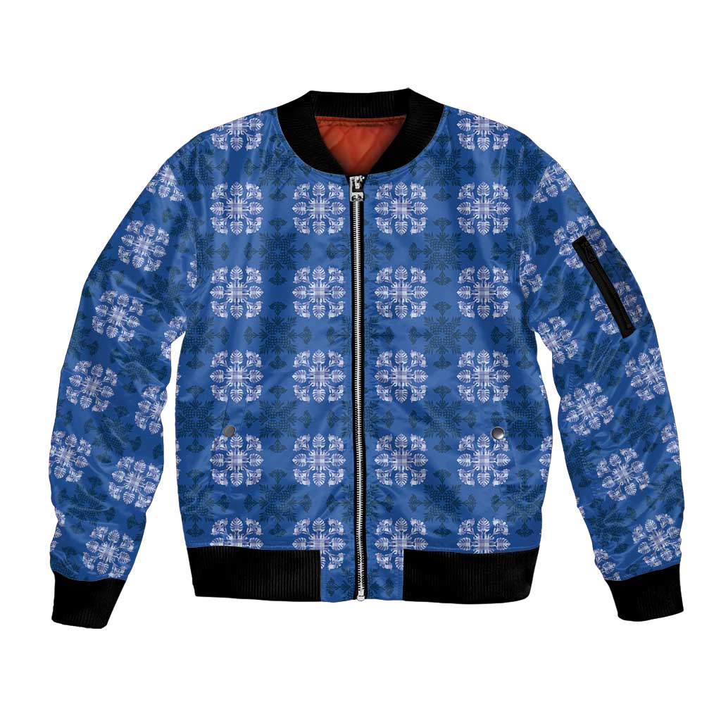 Royal Blue Hawaiian Quilt Sleeve Zip Bomber Jacket Hawaii Pineapple Monstera Palaka Motifs - Polynesian Pride