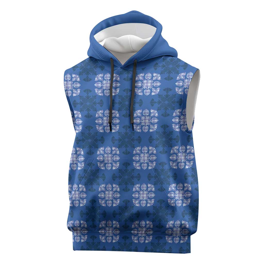 Royal Blue Hawaiian Quilt Sleeveless Hoodie Hawaii Pineapple Monstera Palaka Motifs - Polynesian Pride