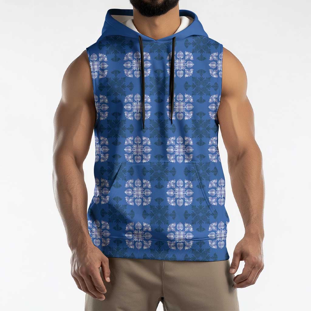 Royal Blue Hawaiian Quilt Sleeveless Hoodie Hawaii Pineapple Monstera Palaka Motifs - Polynesian Pride