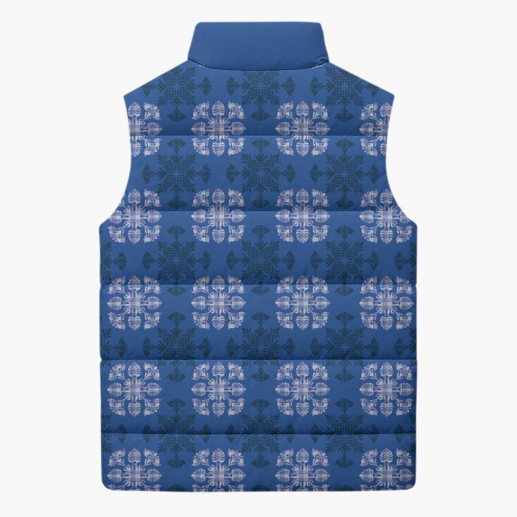 Royal Blue Hawaiian Quilt Sleeveless Puffer Jacket Hawaii Pineapple Monstera Palaka Motifs - Polynesian Pride