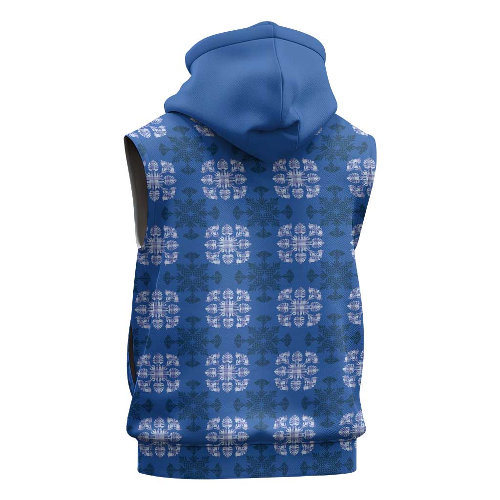 Royal Blue Hawaiian Quilt Sleeveless Zip Hoodie Hawaii Pineapple Monstera Palaka Motifs - Polynesian Pride