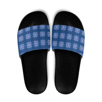Royal Blue Hawaiian Quilt Slide Sandals Hawaii Pineapple Monstera Palaka Motifs - Polynesian Pride