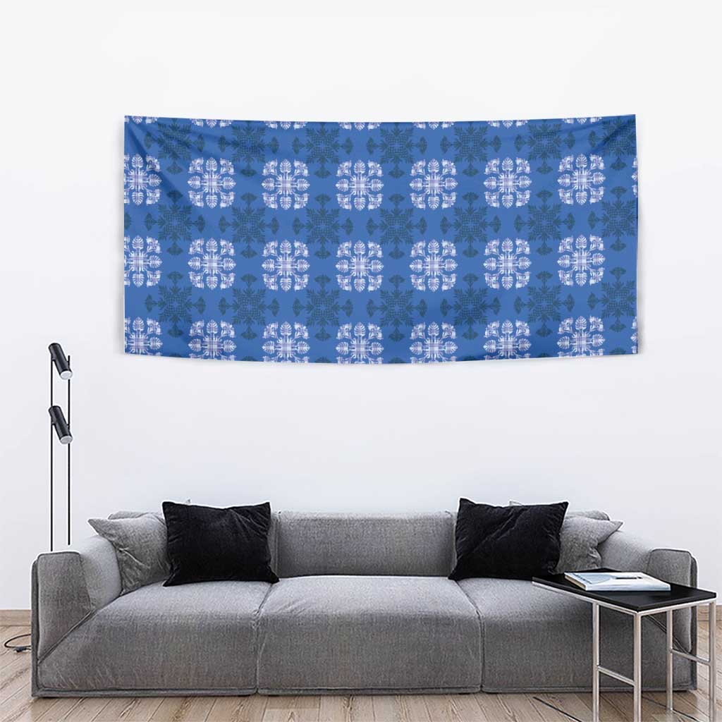 Royal Blue Hawaiian Quilt Tapestry Hawaii Pineapple Monstera Palaka Motifs - Polynesian Pride