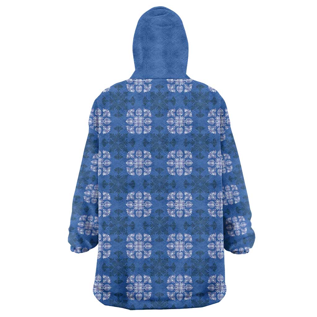 Royal Blue Hawaiian Quilt Wearable Blanket Hoodie Hawaii Pineapple Monstera Palaka Motifs - Polynesian Pride