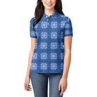 Royal Blue Hawaiian Quilt Women Polo Shirt Hawaii Pineapple Monstera Palaka Motifs - Polynesian Pride