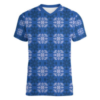 Royal Blue Hawaiian Quilt Women V-Neck T-Shirt Hawaii Pineapple Monstera Palaka Motifs - Polynesian Pride