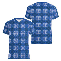 Royal Blue Hawaiian Quilt Women V-Neck T-Shirt Hawaii Pineapple Monstera Palaka Motifs - Polynesian Pride