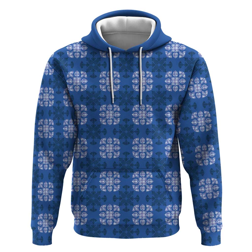 Royal Blue Hawaiian Quilt Zip Hoodie Hawaii Pineapple Monstera Palaka Motifs - Polynesian Pride