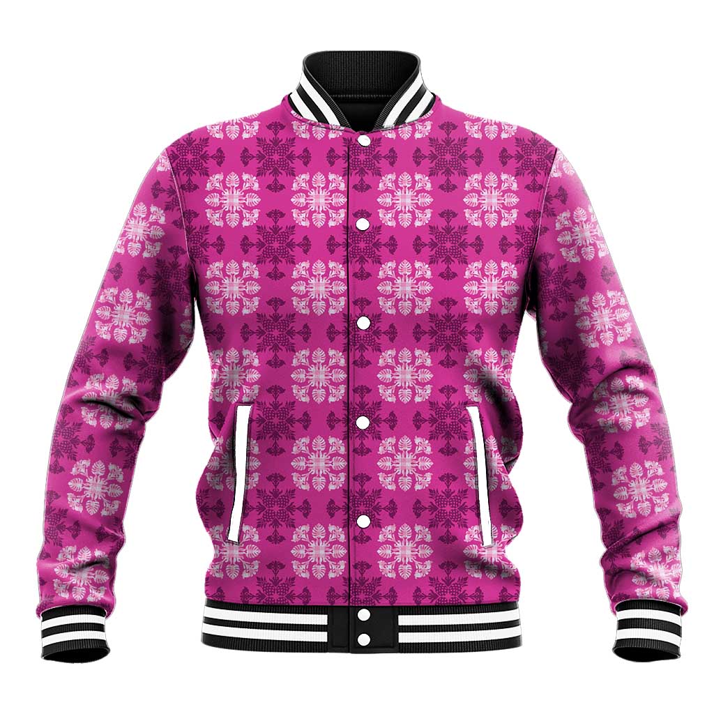 Pink Hawaiian Quilt Baseball Jacket Hawaii Pineapple Monstera Palaka Motifs - Polynesian Pride
