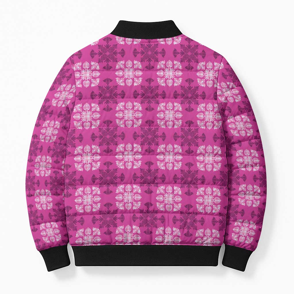 Pink Hawaiian Quilt Bomber Puffer Jacket Hawaii Pineapple Monstera Palaka Motifs - Polynesian Pride