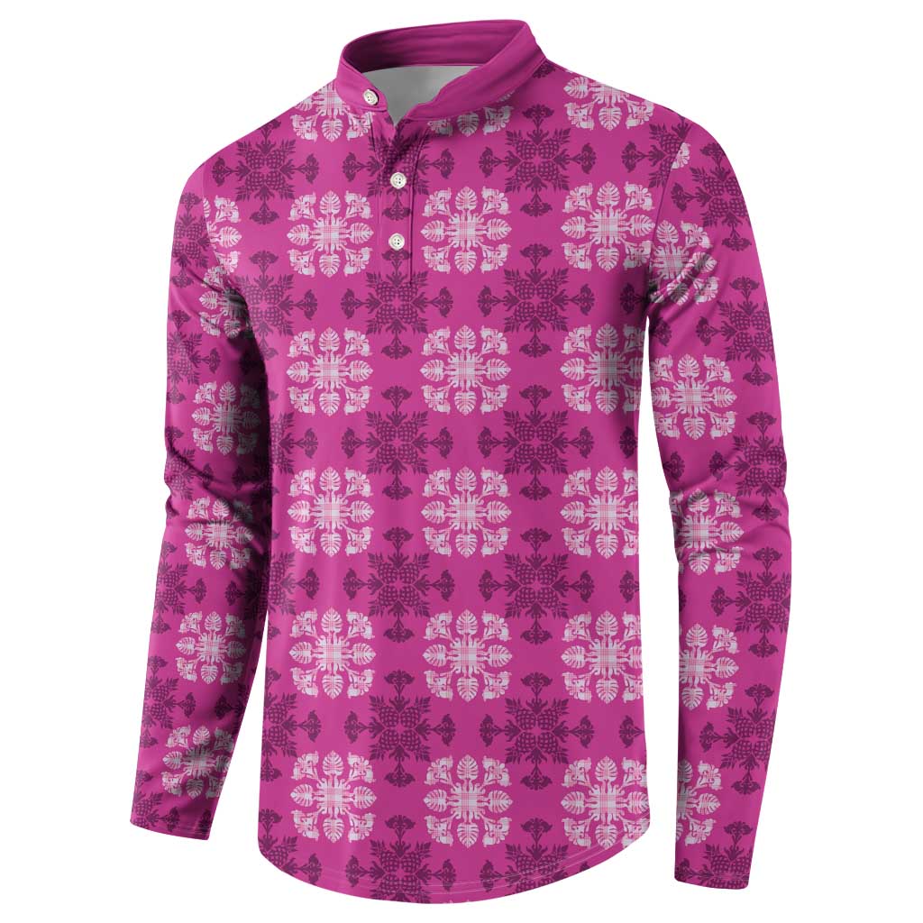 Pink Hawaiian Quilt Button Sweatshirt Hawaii Pineapple Monstera Palaka Motifs - Polynesian Pride