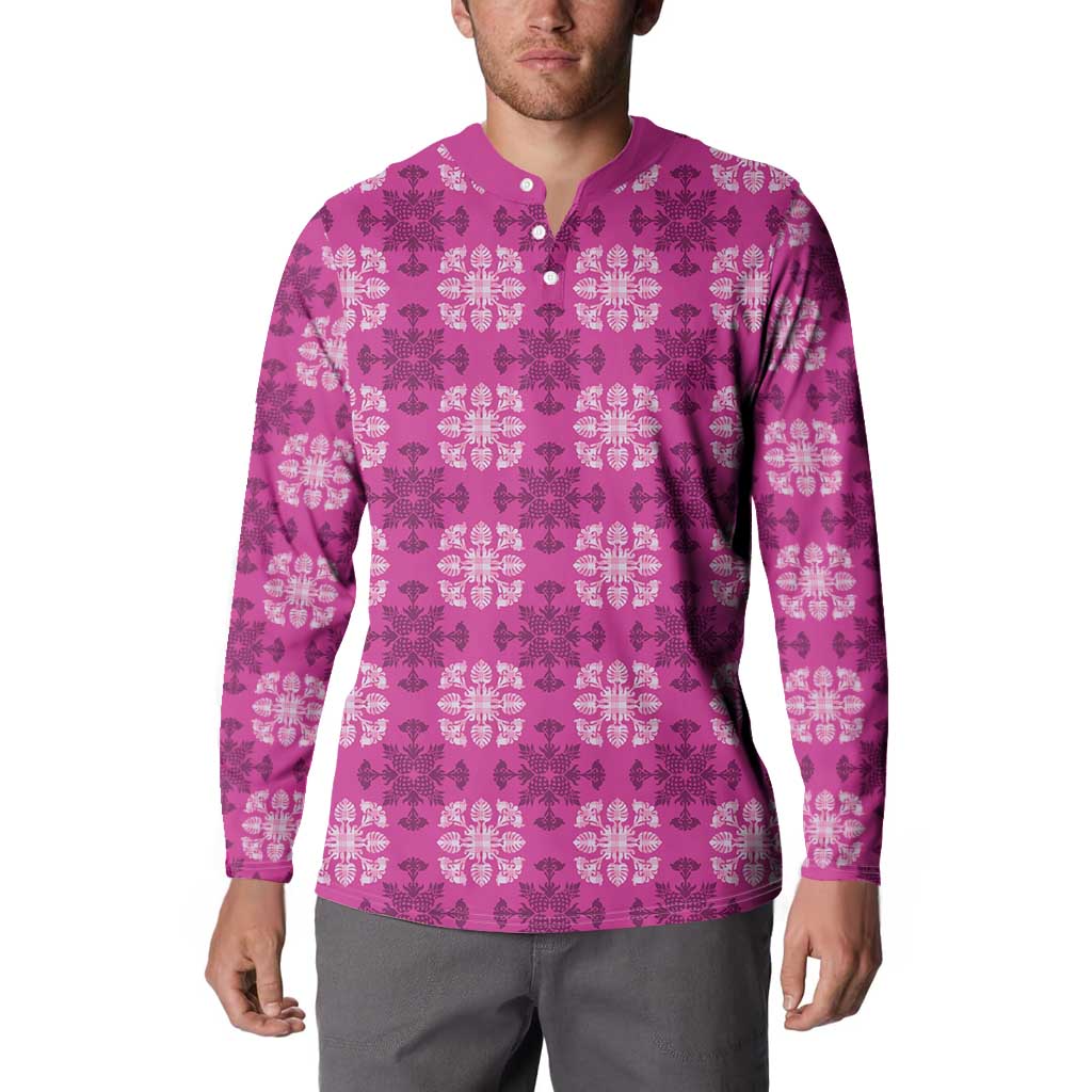 Pink Hawaiian Quilt Button Sweatshirt Hawaii Pineapple Monstera Palaka Motifs - Polynesian Pride