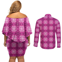 Pink Hawaiian Quilt Couples Matching Off Shoulder Short Dress and Long Sleeve Button Shirt Hawaii Pineapple Monstera Palaka Motifs - Polynesian Pride