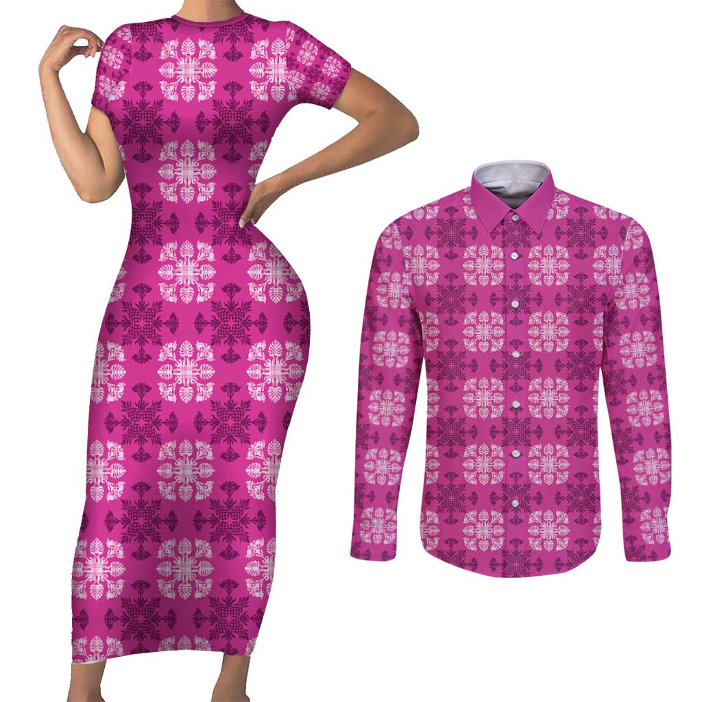 Pink Hawaiian Quilt Couples Matching Short Sleeve Bodycon Dress and Long Sleeve Button Shirt Hawaii Pineapple Monstera Palaka Motifs - Polynesian Pride