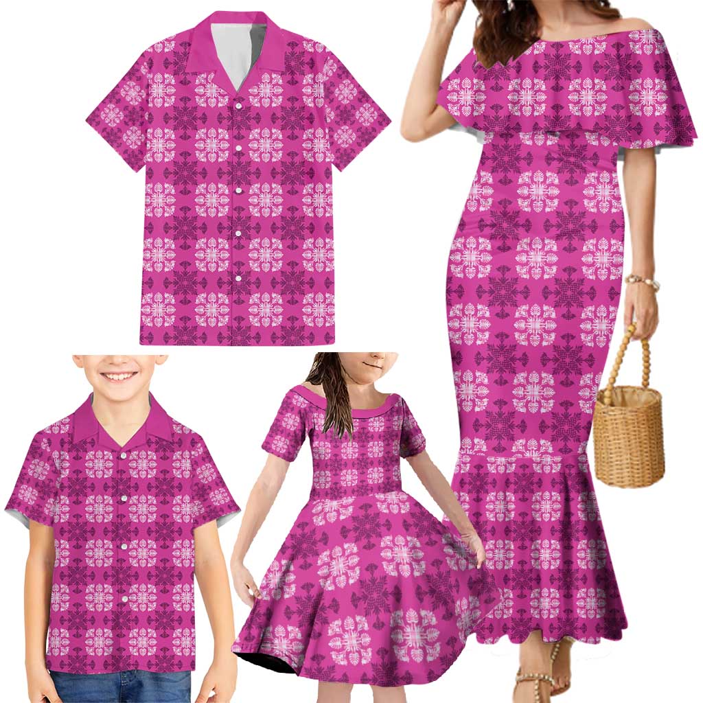 Pink Hawaiian Quilt Family Matching Mermaid Dress and Hawaiian Shirt Hawaii Pineapple Monstera Palaka Motifs - Polynesian Pride