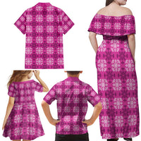 Pink Hawaiian Quilt Family Matching Off Shoulder Maxi Dress and Hawaiian Shirt Hawaii Pineapple Monstera Palaka Motifs - Polynesian Pride