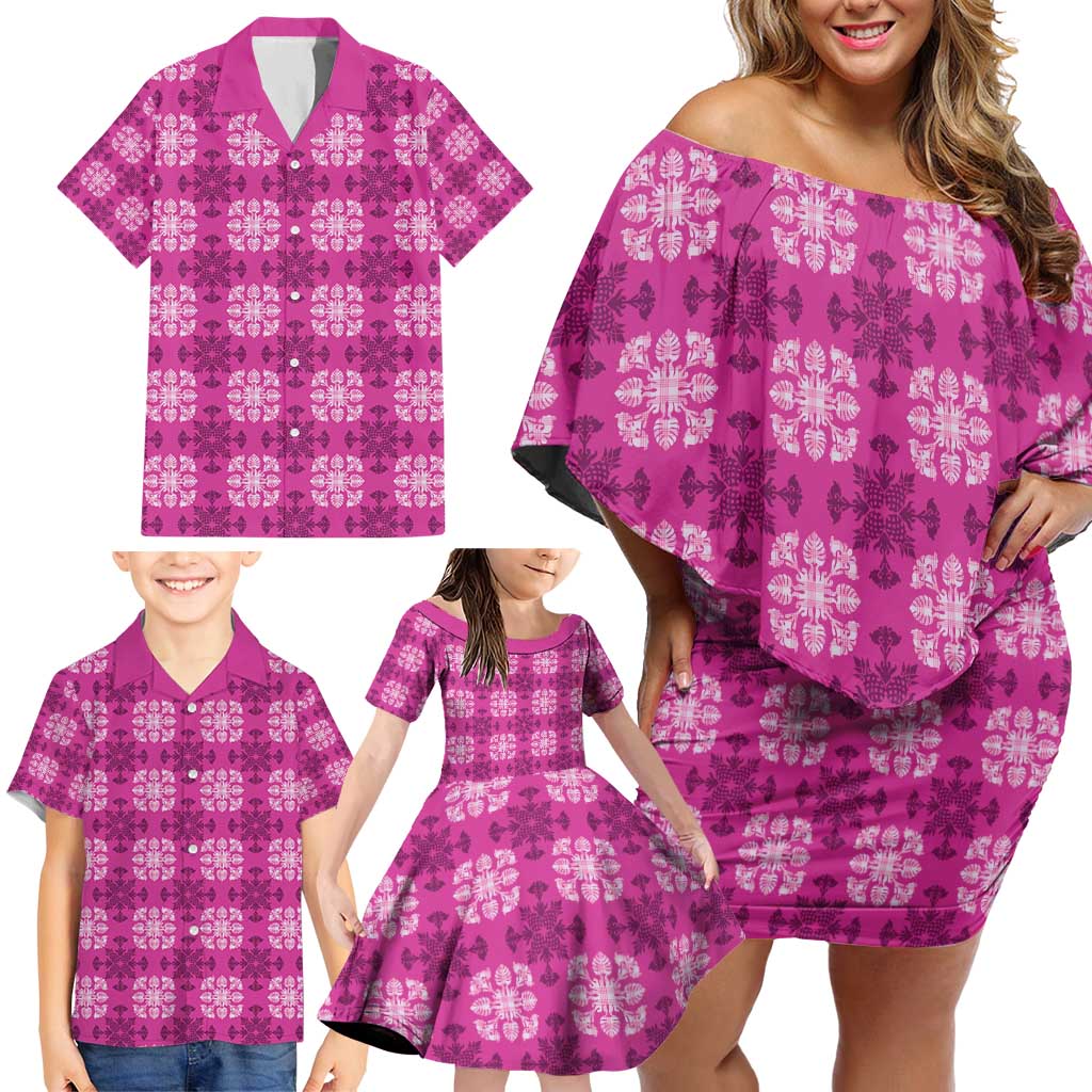 Pink Hawaiian Quilt Family Matching Off Shoulder Short Dress and Hawaiian Shirt Hawaii Pineapple Monstera Palaka Motifs - Polynesian Pride